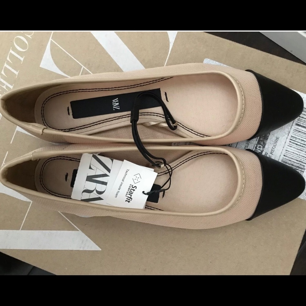 New Zara Black Beige Capped Toe Mesh Flats Shoes